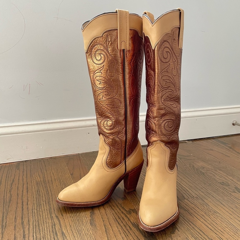 Frye Metallic Gold Stitched Knee High Western Festival Cowboy Boots